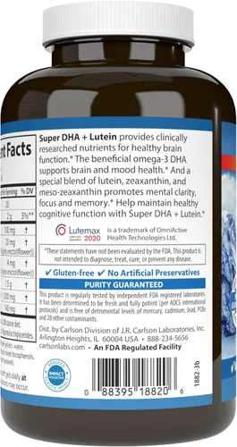 Vista 3 de Carlson Super DHA Plus Luteína, 1000 mg, DHA, 20 mg de luteína, 120 cápsulas blandas Lutemax 2020; capturado salvaje; de origen sostenible