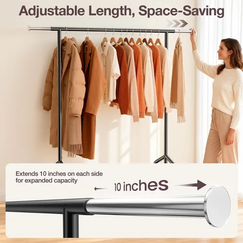 Vista 6 de Perchero de ropa resistente, 650 libras de carga para colgar ropa con 2 estantes resistentes, perchero de metal con ruedas para dormitorio