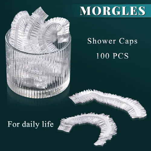 Vista 2 de MORGLES 100 gorros de ducha desechables, gorros de ducha grandes transparentes para mujeres, desechables, gorras de plástico para el tratamiento
