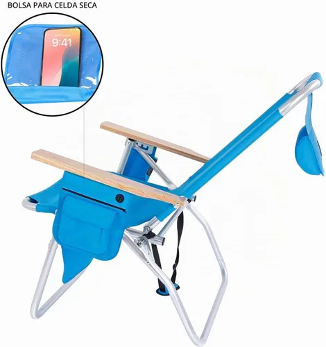 Vista 8 de Silla de playa de lujo XL ancha y alta de aluminio, plegable, de alta resistencia, de 17 pulgadas, para adultos, carga de 300 libras Azul Claro