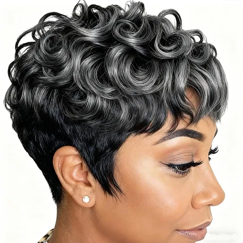 Vista 9 de Pelucas cortas de corte Pixie para mujeres negras, pelucas de corte Pixie con flequillo, negro mezclado con marrón, pelucas rizadas cortas