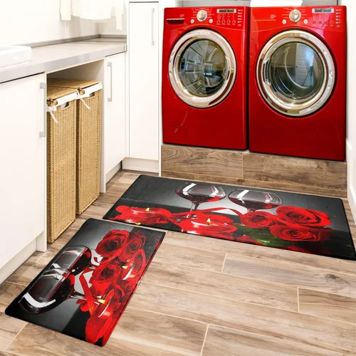 Vista 7 de Juego de 2 alfombras y tapetes de cocina de vino tinto, diseño de rosas modernas, antifatiga, antideslizantes, lavables, para cocina, fregadero