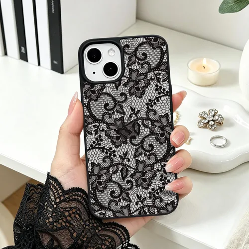 Vista 4 de NITITOP Para iPhone 14 Plus/15 Plus Funda Transparente Encaje Flor - Negro