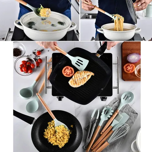 Vista 6 de Juego de 17 utensilios de silicona con mango de madera, resistente al calor, utensilios de cocina fáciles de limpiar, herramientas de cocina