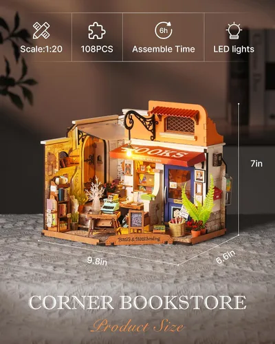 Vista 5 de Rolife Kit de casa en miniatura para bricolaje, librería a escala 1:20, kit de construcción de mini casa con luces LED, kits de manualidades