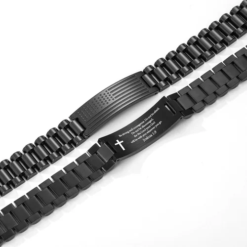 Vista 2 de P. BLAKE Pulsera con versículo bíblico de la bandera estadounidense para hombres, pulsera de acero inoxidable grabada de las Escrituras, religiosa