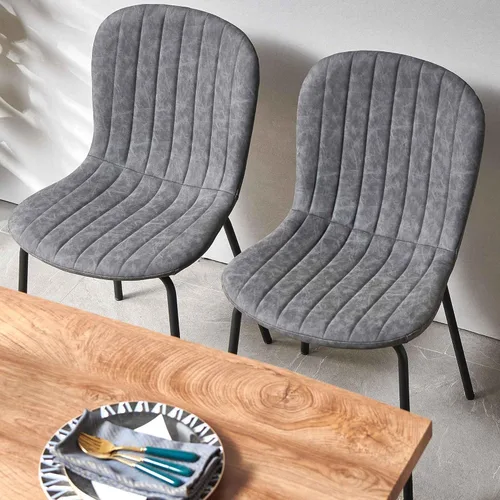 Vista 5 de Juego de 2 sillas modernas de mediados de siglo con patas de metal y cojín de piel sintética para comedor, sala de estar, gris Marrón