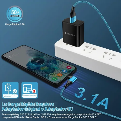 Vista 6 de Cable de alimentación USB C 3.1A Samsung C tipo cable de carga rápida