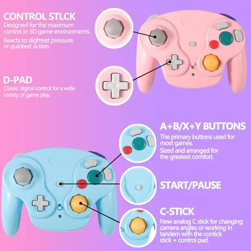 Vista 4 de Dliaonew 24G Wireless Gamecube Controller Classic Gamecube Wii Controller with Receiver Adapter for Wii Gamecube NGC Pink and Blue