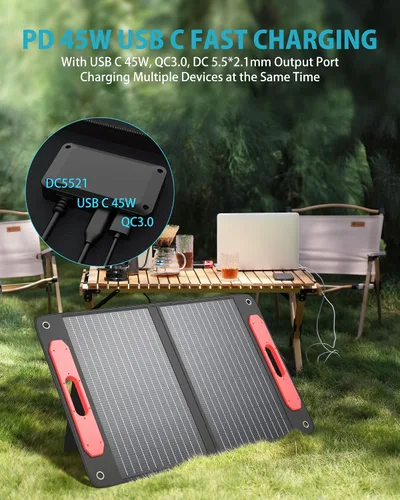Vista 2 de ELECAENTA Panel Solar Portátil de 75W para Estación de Energía, Conversión del 24%, PD45W USB C/QC3.0, ETFE Monocristalino con Soporte Plegable IPX5