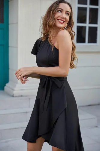 Vista 6 de GRACE KARIN Vestido de verano para mujer, elegante vestido de cóctel de un hombro, con volantes, manga corta, acampanado, vestido de fiesta