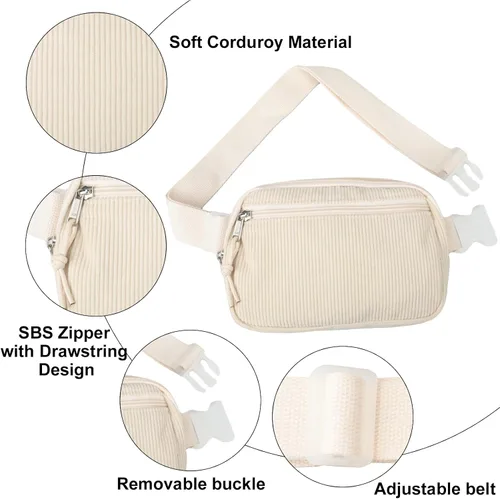 Vista 7 de Riñonera cruzada pequeña para mujeres y hombres, bolsa cruzada para deportes, viajes, correr, entrenamiento casual, pana beige-rosa A, A