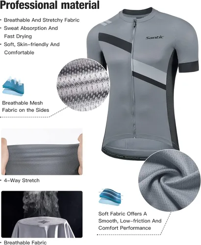 Vista 2 de Santic Camiseta de ciclismo para hombre, manga corta, camiseta de ciclismo de carretera, con cremallera completa, UPF 50+, MTB con bolsillos