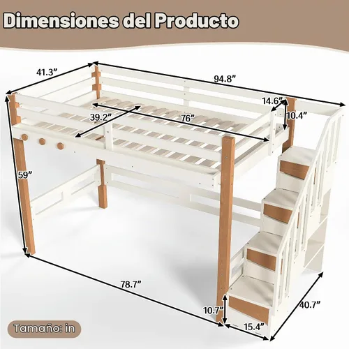 Vista 2 de Cama tipo loft de madera tamaño individual con escaleras, gancho para ropa Beige Natural