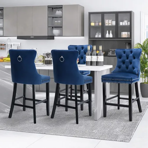 Vista 132 de SoarFlash Juego de 2 taburetes de bar tapizados de terciopelo moderno con patas de madera, botones acolchados, cabeza de clavo cromada, asiento