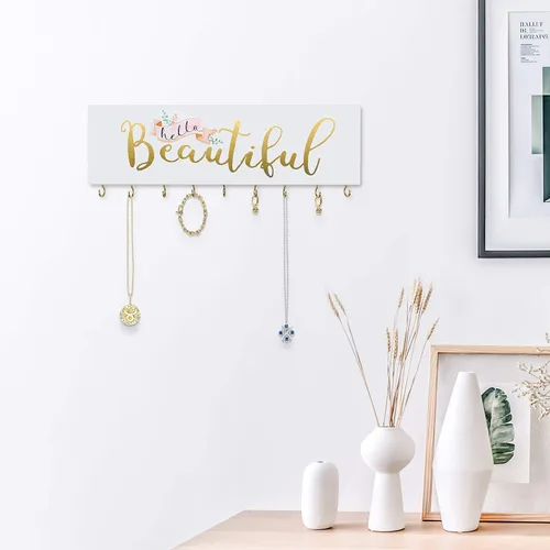 Vista 6 de SANY DAYO HOME Organizador de joyas montado en la pared, moderno soporte de madera con 9 ganchos de metal para collares, anillos, aretes, pulseras