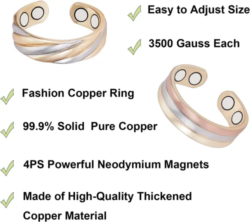 Vista 3 de Anillos de cobre puro para mujer, 2 piezas de anillo de oro tricolor magnético ajustable, joyería de cobre (0949 0950)