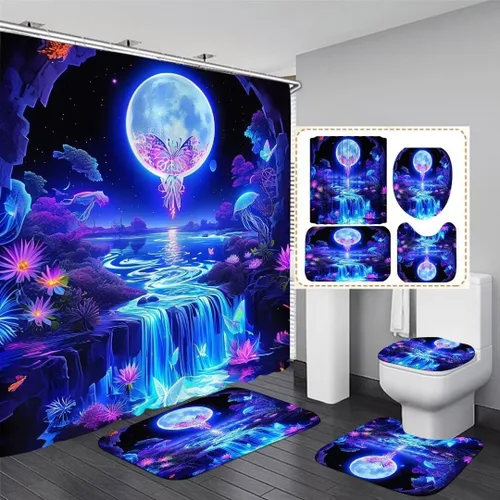 Vista 10 de Juego de 4 cortinas de ducha con diseño de hongos e iluminación