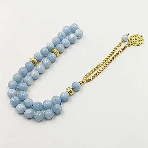 Vista 7 de ALBASHAN Pulsera Tasbih de piedra aguamarina natural para hombre, regalo islámico especial para musulmanes 33, 45, 66, 99, cuentas de oración
