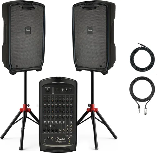 Vista 14 de Fender Paquete de sistema PA portátil Passport Conference S2 con kit de micrófono, soportes de altavoz compactos y cable de instrumento