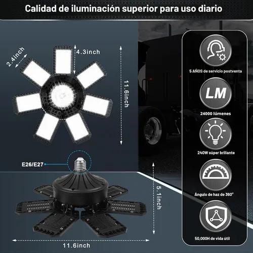 Vista 4 de AUDLES Paquete de 4 luces LED de garaje, 240 W, 24000 lm, 6500 K, luces LED de techo, con 7+1 paneles deformables, base con rosca E26/E27