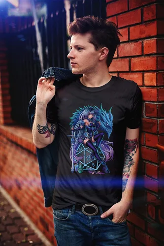 Vista 7 de Camiseta inspirada en Calabozos y Dragones Anime Girl- Camiseta exclusiva de manga corta RPG Gamer - Negro, Gris Blanco