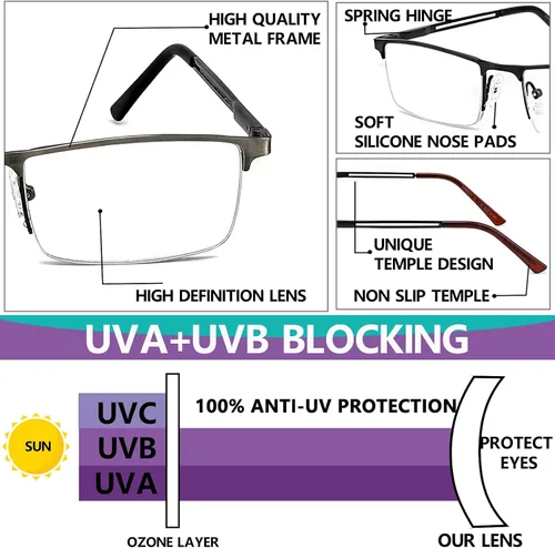 Vista 4 de Paquete de 3 lentes de lectura con luz azul para hombres, lectores rectangulares de metal ligero sin montura para hombres, antifatiga ocular, Negro