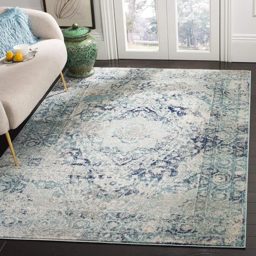 Vista 6 de SAFAVIEH Madison Collection - Alfombra de pasillo de 2 pies 3 pulgadas x 8 pies, color marfil y azul, diseño de medallón bohemio, no desprende