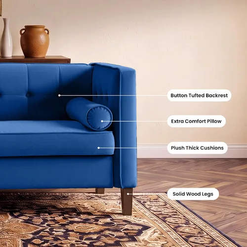 Vista 5 de Sofá de terciopelo de 78 pulgadas, sofá de 3 plazas con almohadas de refuerzo, diseño copetudo con botones Azul