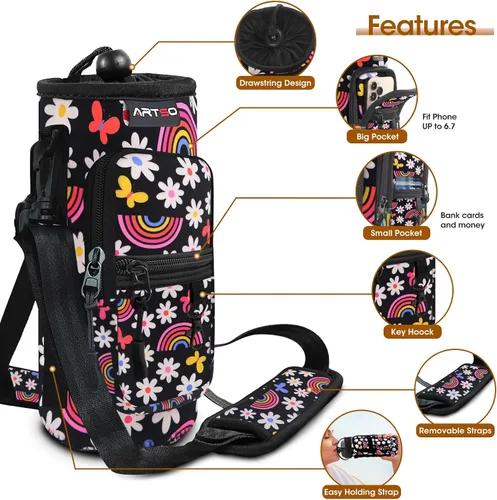 Vista 2 de ARTSO Bolsa de transporte para botella de agua con bolsillo para teléfono, funda de neopreno para botella de agua, bolsa con correa ajustable