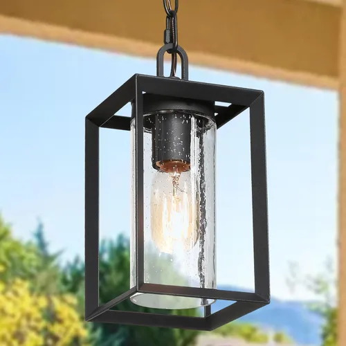 Vista 10 de classy leaves Lámpara colgante al aire libre para porche, luz colgante negra con vidrio transparente, moderna jaula de metal de granja, cadena