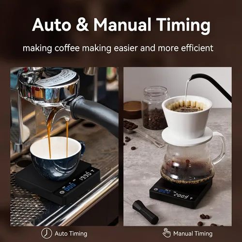 Vista 3 de Báscula de café de metal con temporizador, báscula de espresso con cronometraje automático, 3 modos para máquina de espresso y vertido, báscula