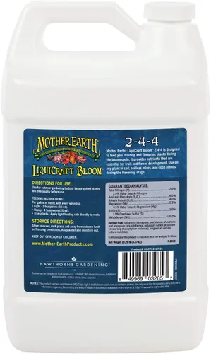 Vista 2 de Mother Earth LiquiCraft Bloom 2-4-4 para plantas con flores y verduras como tomates, 1 galón