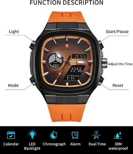 Vista 7 de Reloj de negocios único para hombre, analógico, digital, impermeable, cronógrafo, multifuncional, de cuarzo, con correa de silicona