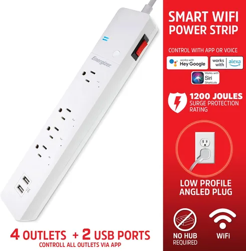 Vista 2 de Energizer Smart Wi-Fi 4 tomacorrientes 2 USB, 1200 julios, alimenta 4 artículos separados, dispositivos compatibles con carga, compatible