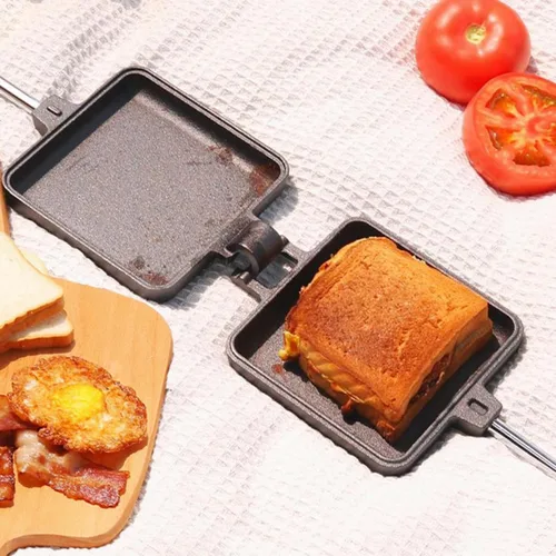 Vista 7 de Campfire Pie Iron - Sandwichera grande de hierro fundido de 4.9 pulgadas para camping, 2 piezas con bolsa de almacenamiento, asas ajustables de 21.7