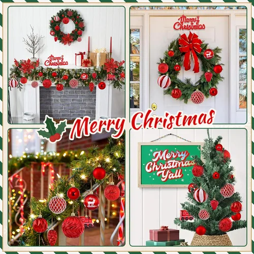 Vista 7 de Ktinnead Juego de 94 piezas de decoración para árbol de Navidad, adornos rojos inastillables para colgar en el árbol de Navidad con flores de pascua