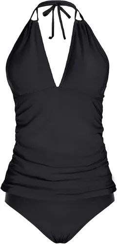 Vista 4 de Yonique Traje de baño de dos piezas para mujer, tankini con control de abdomen, talla extragrande, con cuello en V estilo halter
