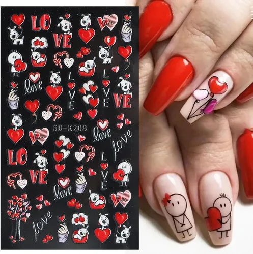 Vista 2 de Calcomanías de arte de uñas para el día de San Valentín, calcomanías de uñas de corazón lindo perro, oso, flor, corazón, amor, San Valentín, diseño
