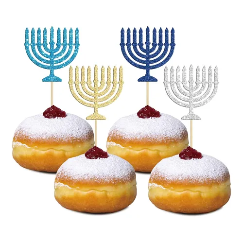 Vista 11 de Gyufise 24 decoraciones para cupcakes de Feliz Hanukkah Star of David, decoraciones para fiestas de Hanukkah, suministros de fiesta temática