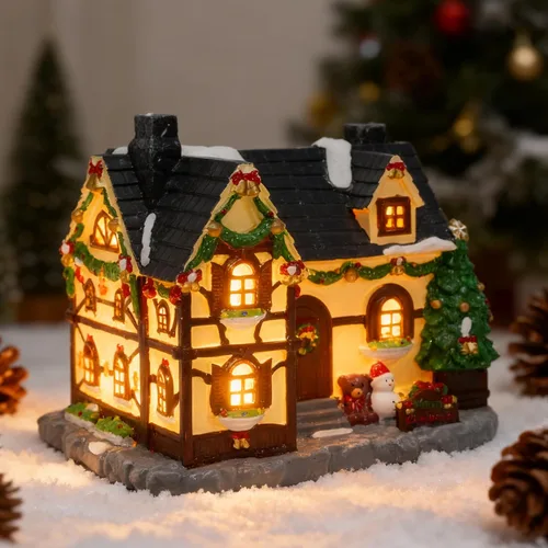Vista 5 de Construcción de Casa Navideña, Edificios Coleccionables de Navidad Pintados a Mano, Decoración de Pueblo de Casas con Muñeco de Nieve, Edificios