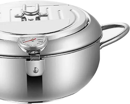 Vista 3 de Olla de acero inoxidable, sartén de aceite con termómetro, freidora de fondo plano desmontable de 7.9 in/9.4 in para anillos de calamar perfectos