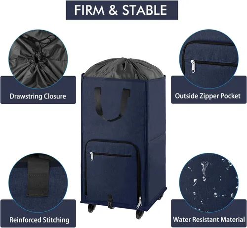 Vista 5 de Bukere Cesta de lavandería grande con ruedas, 4 ruedas y 2 asas, bolsa de lavandería con ruedas plegable independiente para ropa, apartamento Azul