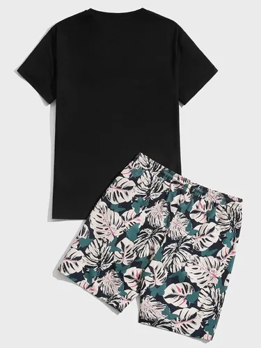 Vista 97 de GORGLITTER Conjunto de 2 piezas de camiseta gráfica de manga corta para hombre, estampado hawaiano con cordón y pantalones cortos