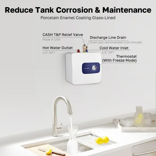 Vista 4 de ThermoMate Calentador de agua eléctrico con mini tanque, 1.32 galones, pequeño calentador de agua debajo del fregadero para punto de uso, agua