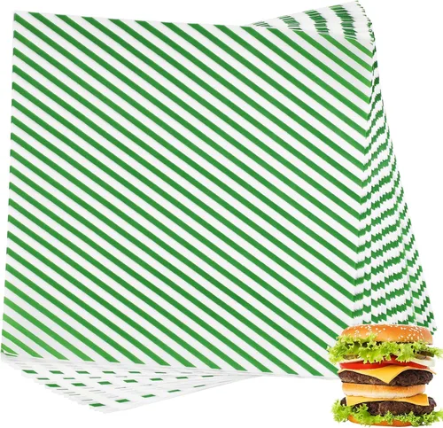 Vista 10 de 200 hojas de envoltorio de alimentos a rayas negro y blanco, papel encerado seco para pan y sándwiches, forros de papel para cestas de comida