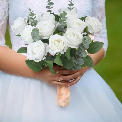 Vista 6 de Rosas artificiales a granel, 12 piezas de rosas artificiales de seda con tallos, ramo de flores de rosas sintéticas para arreglos de boda, fiesta