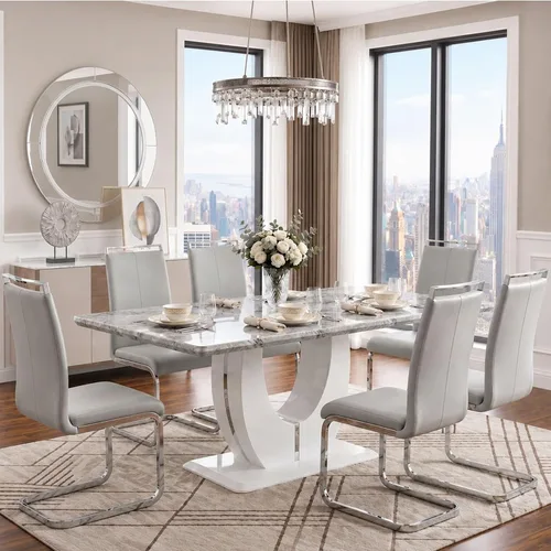 Vista 22 de JUFU Juego de mesa de comedor moderno para 4, juego de mesa de cocina rectangular de 63 pulgadas con mesa de mármol sintético y 4 sillas tapizadas