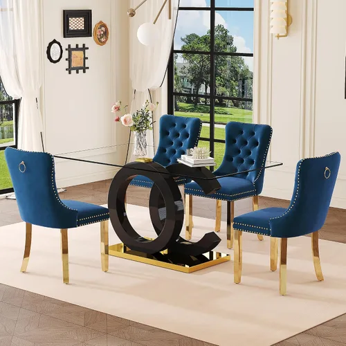 Vista 14 de Ebullient 63" Modern Glass Dining Table Set for 4, Black & Gold 5-Piece Set Glass Table & Beige Chairs