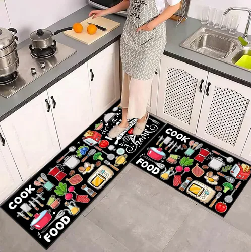 Vista 2 de Farmhouse Kitchen Rules Alfombra Juego de 2 Piezas, Decoración Rústica Negra Alfombras de Cocina, Tapetes de Piso Antideslizantes Absorbentes